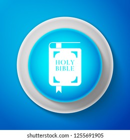 White Holy bible book icon isolated on blue background. Circle blue button with white line. Vector illustration