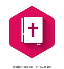 White Holy bible book icon isolated with long shadow background. Pink hexagon button. Vector