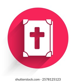 White Holy bible book icon isolated with long shadow. Red circle button. Vector Illustration