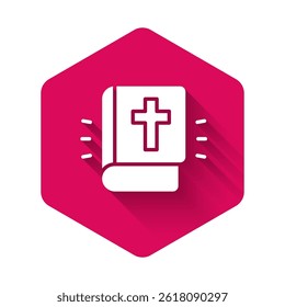 White Holy bible book icon isolated with long shadow background. Pink hexagon button. Vector