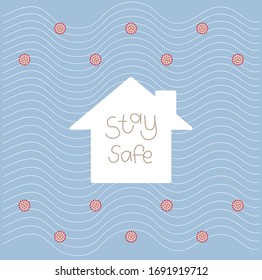 white home, the coronavirus vector and the horizontal wavy line pattern on blur background. quarantine motivational poster. Stop spreading COVID-19 virus by staying home.