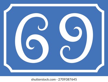 Número de casa blanco 69 sobre fondo azul
