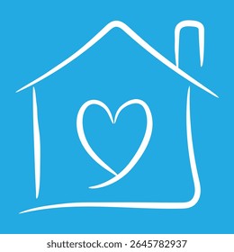 White Home Outline with Heart on Blue Background	