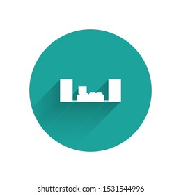 White Home stereo with two speaker s icon isolated with long shadow. Music system. Green circle button. Vector Illustration