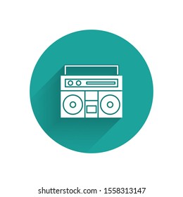 White Home stereo with two speakers icon isolated with long shadow. Music system. Green circle button. Vector Illustration