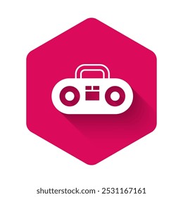White Home stereo with two speakers icon isolated with long shadow background. Music system. Pink hexagon button. Vector