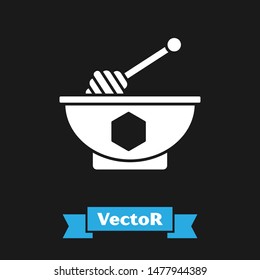White Honey dipper stick and bowl icon isolated on black background. Honey ladle.  Vector Illustration