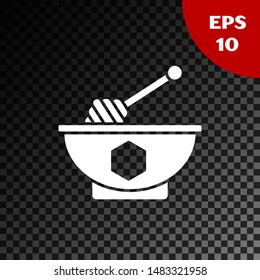 White Honey dipper stick and bowl icon isolated on transparent dark background. Honey ladle.  Vector Illustration