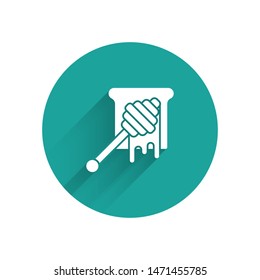 White Honey dipper stick with dripping honey icon isolated with long shadow. Honey ladle. Green circle button. Vector Illustration