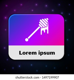 White Honey dipper stick with dripping honey icon isolated on black background. Honey ladle. Rectangle color button. Vector Illustration