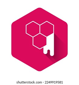 White Honeycomb icon isolated with long shadow background. Honey cells symbol. Sweet natural food. Pink hexagon button. Vector