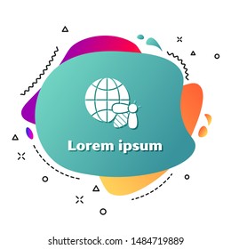 White Honeycomb map of the world and bee icon isolated on white background. World bee day. Concept ecological event. Abstract banner with liquid shapes. Vector Illustration