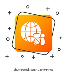 White Honeycomb map of the world and bee icon isolated on white background. World bee day. Concept ecological event. Orange square button. Vector Illustration