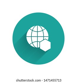 White Honeycomb map of the world icon isolated with long shadow. World bee day. Concept ecological event. Green circle button. Vector Illustration