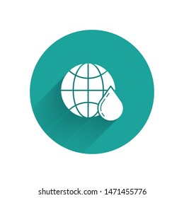 White Honeycomb map of the world icon isolated with long shadow. World bee day. Concept ecological event. Green circle button. Vector Illustration
