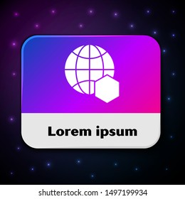 White Honeycomb map of the world icon isolated on black background. World bee day. Concept ecological event. Rectangle color button. Vector Illustration