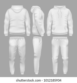 White hooded sweatshirt with sports trousers. Active sport wear hoodie and pants vector templates. Sportswear sweatshirt hoodie and urban pants illustration