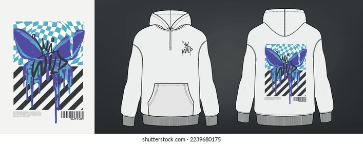 white hoodie art design, butterfly