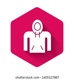 White Hoodie icon isolated with long shadow. Hooded sweatshirt. Pink hexagon button. Vector Illustration