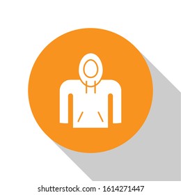 White Hoodie icon isolated on white background. Hooded sweatshirt. Orange circle button. Vector Illustration