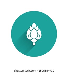 White Hop icon isolated with long shadow. Green circle button. Vector Illustration