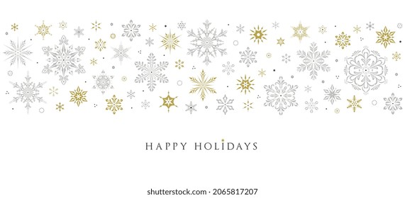 White Horizontal Christmas, Holiday border with snowflakes and greetings. Merry xmas golden and silver snowflake header or banner. Universal modern line art background. 