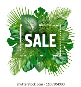 White horizontal frame and sale text. Photo realistic palm leaves on a light background. Green different leaves of tropical plants. Poster for promotions, magazines, advertising.