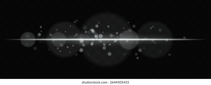White horizontal glow with light particles and lens bokeh on transparent background. Atmospheric sci-fi effect perfect for transitions, digital UI, or dreamy glowing overlays.