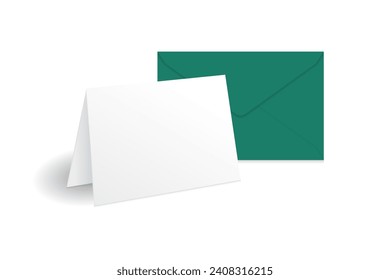White horizontal greeting card and green paper envelope mockup template. Isolated on white background. Ready to use for your design or business. Realistic vector illustration.