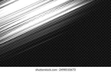 White horizontal highlights. Laser beams, horizontal rays of light on a transparent background. Beautiful light flashes. Glowing stripes on a dark background. Glowing abstract sparkling lines.