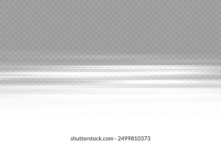 White horizontal highlights. Laser beams, horizontal rays of light on a transparent background. Beautiful light flashes. Glowing stripes on a dark background. Glowing abstract sparkling lines.
