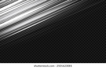 White horizontal highlights. Laser beams, horizontal rays of light on a transparent background. Beautiful light flashes. Glowing stripes on a dark background. Glowing abstract sparkling lines.