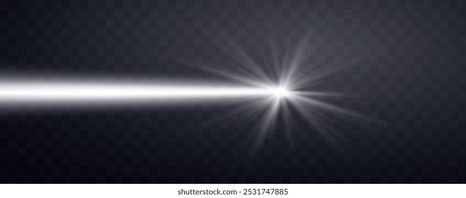 Rayos láser Horizontales blancos. Línea de neón, puntero de presentación. Efecto de luz de destello plateado. Ilustración vectorial. Aislado sobre fondo transparente.
