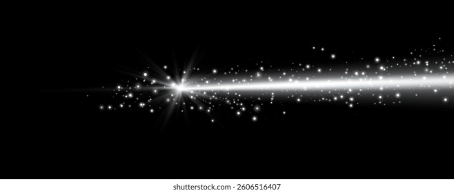 White horizontal laser beam. Neon line, presentation pointer. Silver glow flare light effect. Vector illustration. Isolated on black background.