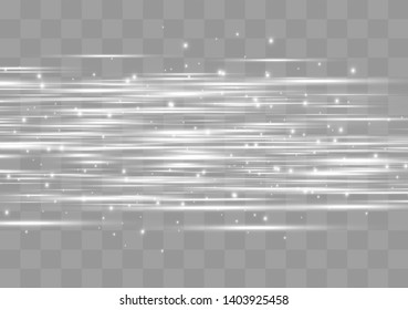 White horizontal lens flares pack. Laser beams, horizontal light rays.Beautiful light flares. Glowing streaks on dark background. Luminous abstract sparkling lined background.