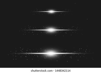 White horizontal lens flares pack. Laser beams, horizontal light rays.Beautiful light flares. Glowing streaks on dark background. 