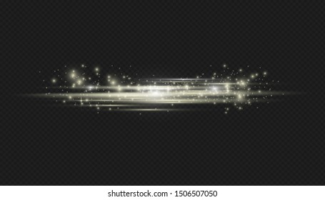 White horizontal lens flares pack. Laser beams, horizontal light rays. Beautiful light flares. Glowing streaks on dark background. Luminous abstract sparkling lined background.