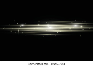 White horizontal lens flares pack. Laser beams, horizontal light rays. Beautiful light flares. Glowing streaks on dark background. Luminous abstract sparkling lined background.