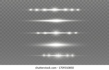 Weißes Paket mit horizontalen Linsenfackeln. Laserstrahlen, horizontale Lichtstrahlen. Schöne Lichtstrahlen. Glühende Streifen auf hellem Hintergrund. Leuchtender abstrakter, funkelnder Hintergrund.
