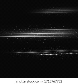 White horizontal lens flares pack. Laser beams, horizontal light rays. Beautiful light flares. Glowing streaks on light background. Luminous abstract sparkling lined background.