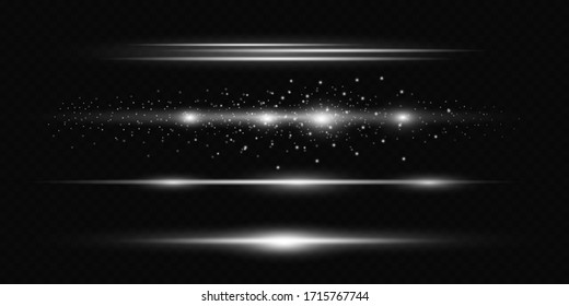 White horizontal lens flares pack. Laser beams, horizontal light rays. Beautiful light flares. Glowing streaks on light background. Luminous abstract sparkling lined background.