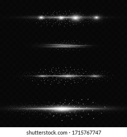 White horizontal lens flares pack. Laser beams, horizontal light rays. Beautiful light flares. Glowing streaks on light background. Luminous abstract sparkling lined background.