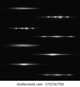 White horizontal lens flares pack. Laser beams, horizontal light rays. Beautiful light flares. Glowing streaks on light background. Luminous abstract sparkling lined background.