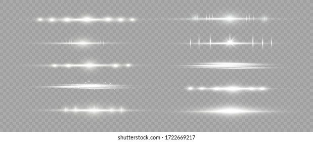 White horizontal lens flares pack. Laser beams, horizontal light rays. Beautiful light flares. Glowing streaks on light  background. Luminous abstract sparkling lined background.