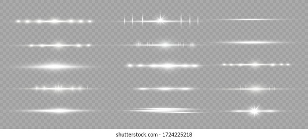 White horizontal lens flares pack. Laser beams, horizontal light rays. Beautiful light flares. Glowing streaks on light  background. Luminous abstract sparkling lined background.