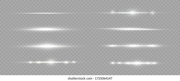 White horizontal lens flares pack. Laser beams, horizontal light rays. Beautiful light flares. Glowing streaks on light  background. Luminous abstract sparkling lined background.
