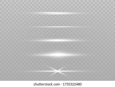 White horizontal lens flares pack. Laser beams, horizontal light rays. Beautiful light flares. Glowing streaks on light  background. Luminous abstract sparkling lined background.