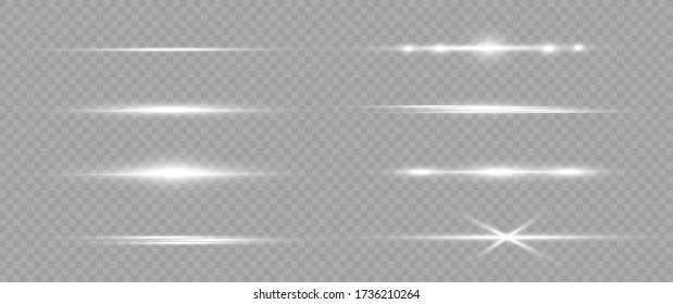 Paquete de bengalas horizontales blancas. Vigas láser, rayos de luz horizontales. Bonitas bengalas. Rasgos brillantes sobre el fondo de la luz. Luminoso fondo brillante abstracto.
