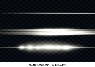White horizontal lens flares pack. Laser beams, horizontal light rays.Beautiful light flares. Glowing streaks on dark background. Luminous abstract sparkling lined background.