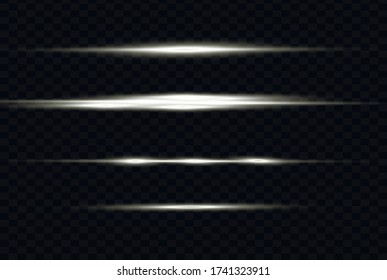 White horizontal lens flares pack. Laser beams, horizontal light rays.Beautiful light flares. Glowing streaks on dark background. Luminous abstract sparkling lined background.